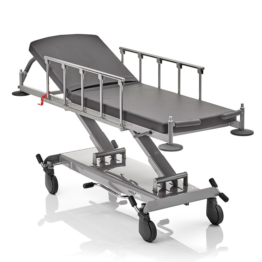 hydraulic patient transport trolley with black castors